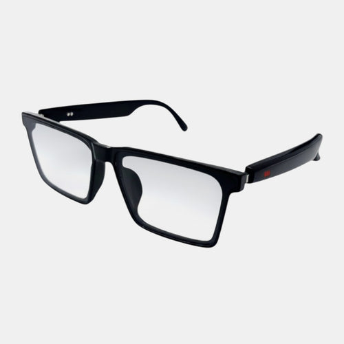 VAUCLIOR SORE ONE black rectangular acetate eyeglasses with clear gradient lenses and red accent on the temple.