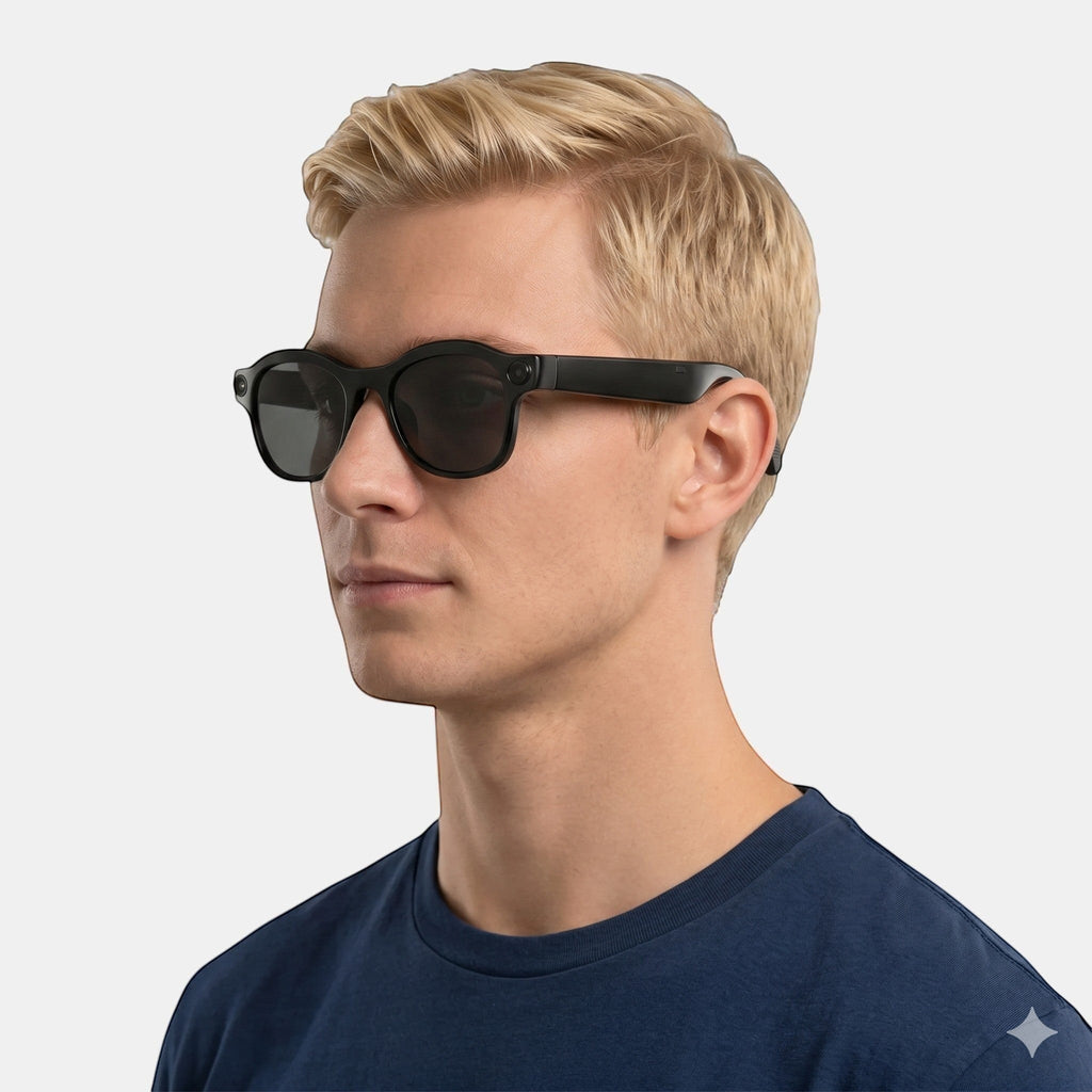 VAUCLIOR PRISM PRO black smart glasses with 8MP camera and AI voice assistant, worn by a man.