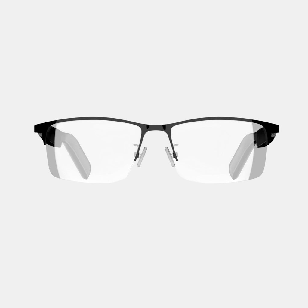 VAUCLIOR VC IRIS NANO black metal frame smart glasses with clear lenses and open-ear audio technology.