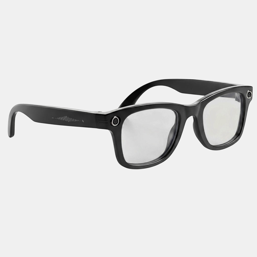 VAUCLIOR VC AXE GEN1 black rectangular smart glasses with matte finish and clear lenses, featuring integrated AI and camera.