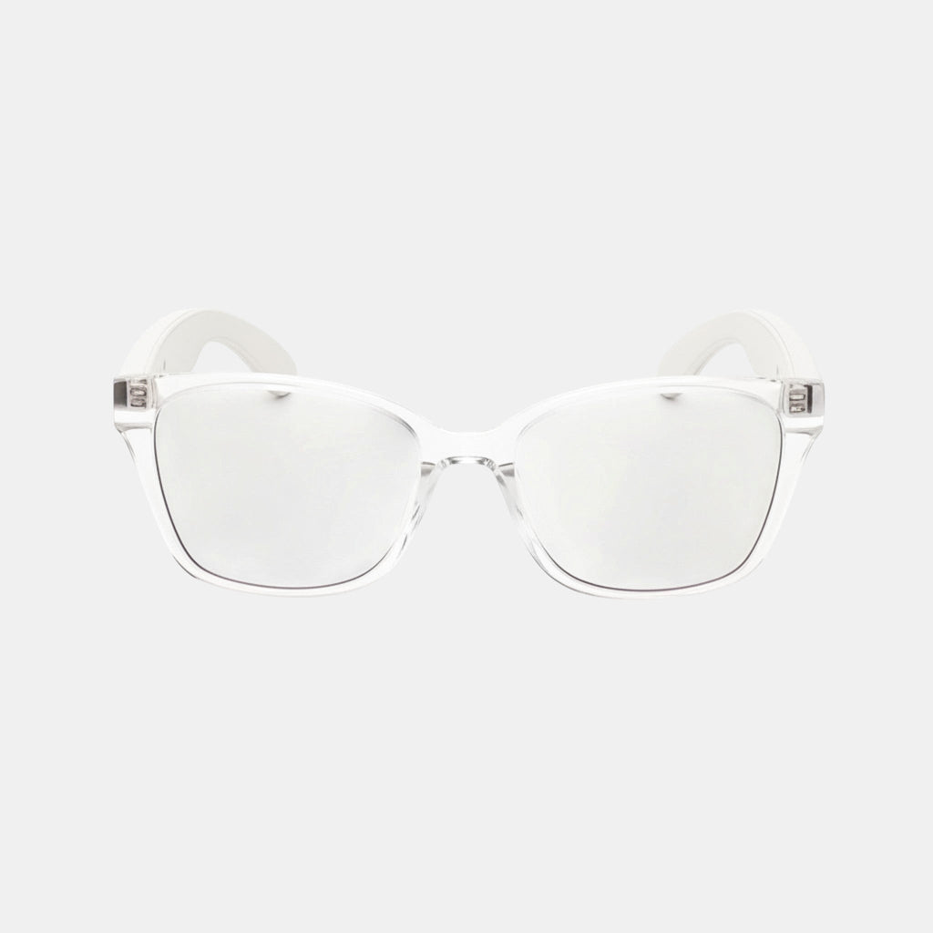 VAUCLIOR VC CLÉO clear frame smart glasses with white arms, designed for calls and music.