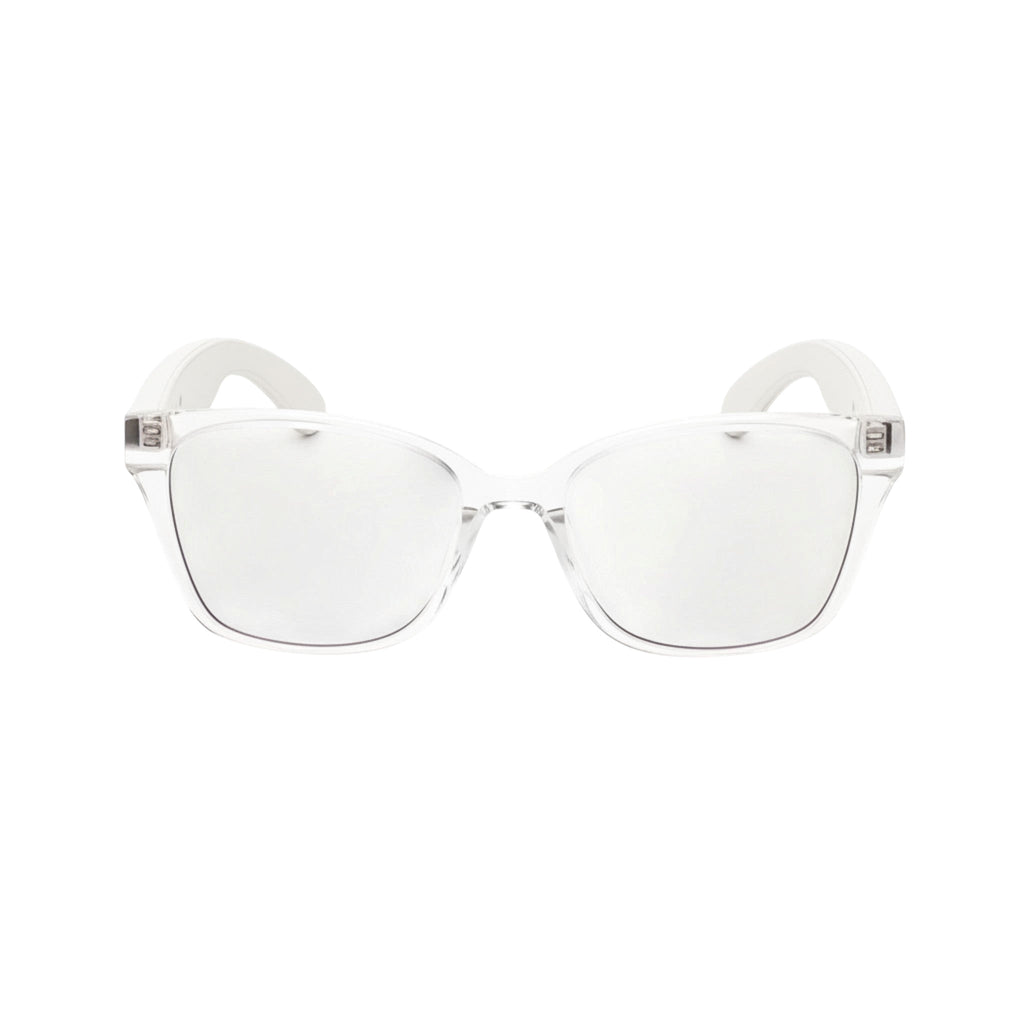 VAUCLIOR VC CLÉO clear frame smart glasses with white arms, designed for calls and music.