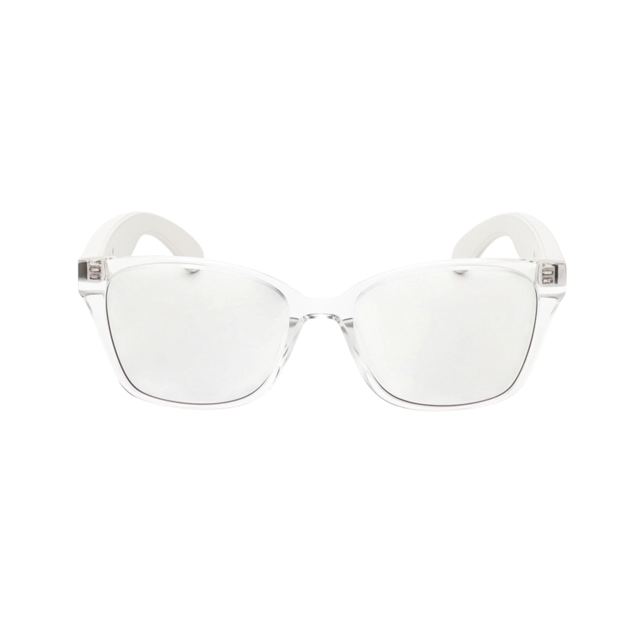 VAUCLIOR VC CLÉO clear frame smart glasses with white arms, designed for calls and music.