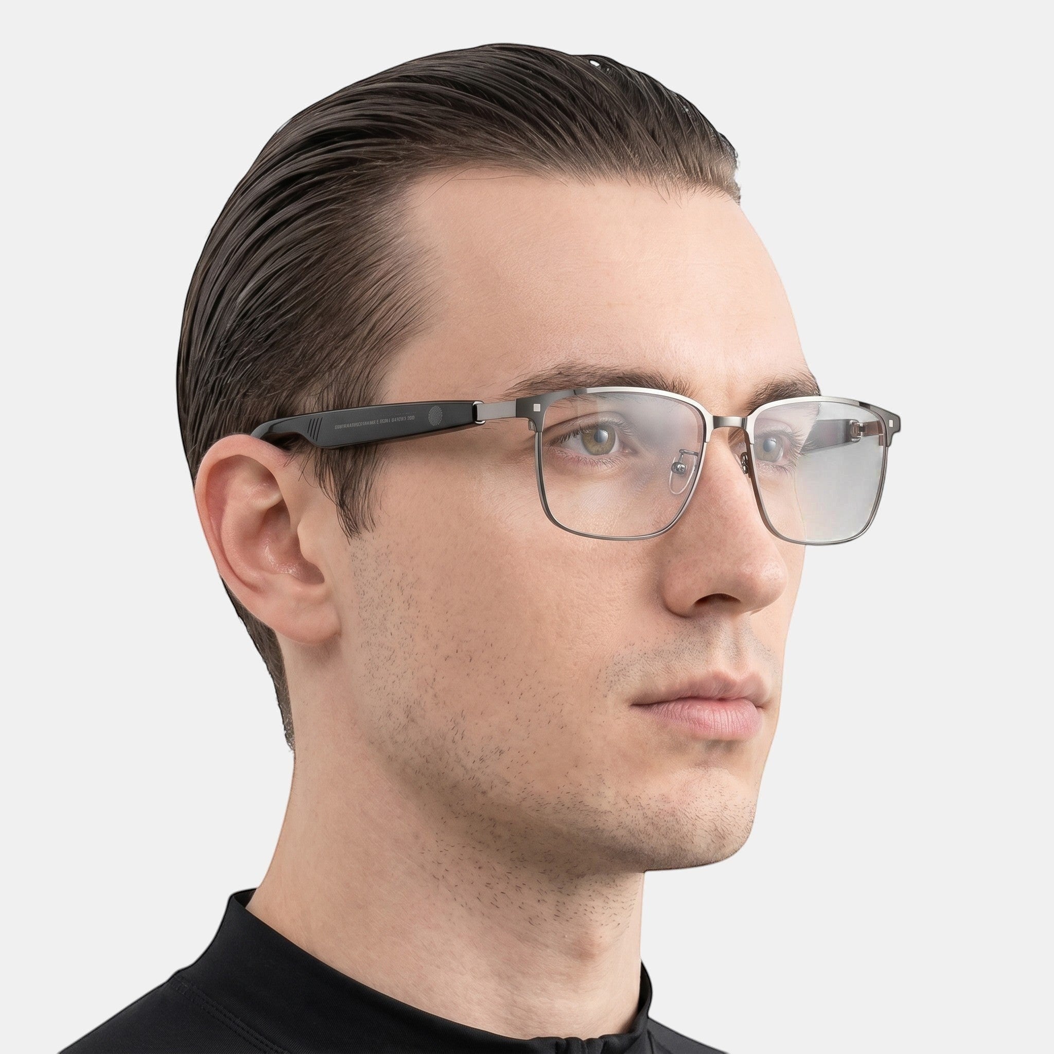 VAUCLIOR VC IRIS NANO smart glasses with full-frame gunmetal and clear lenses, featuring Bluetooth 5.4 technology.