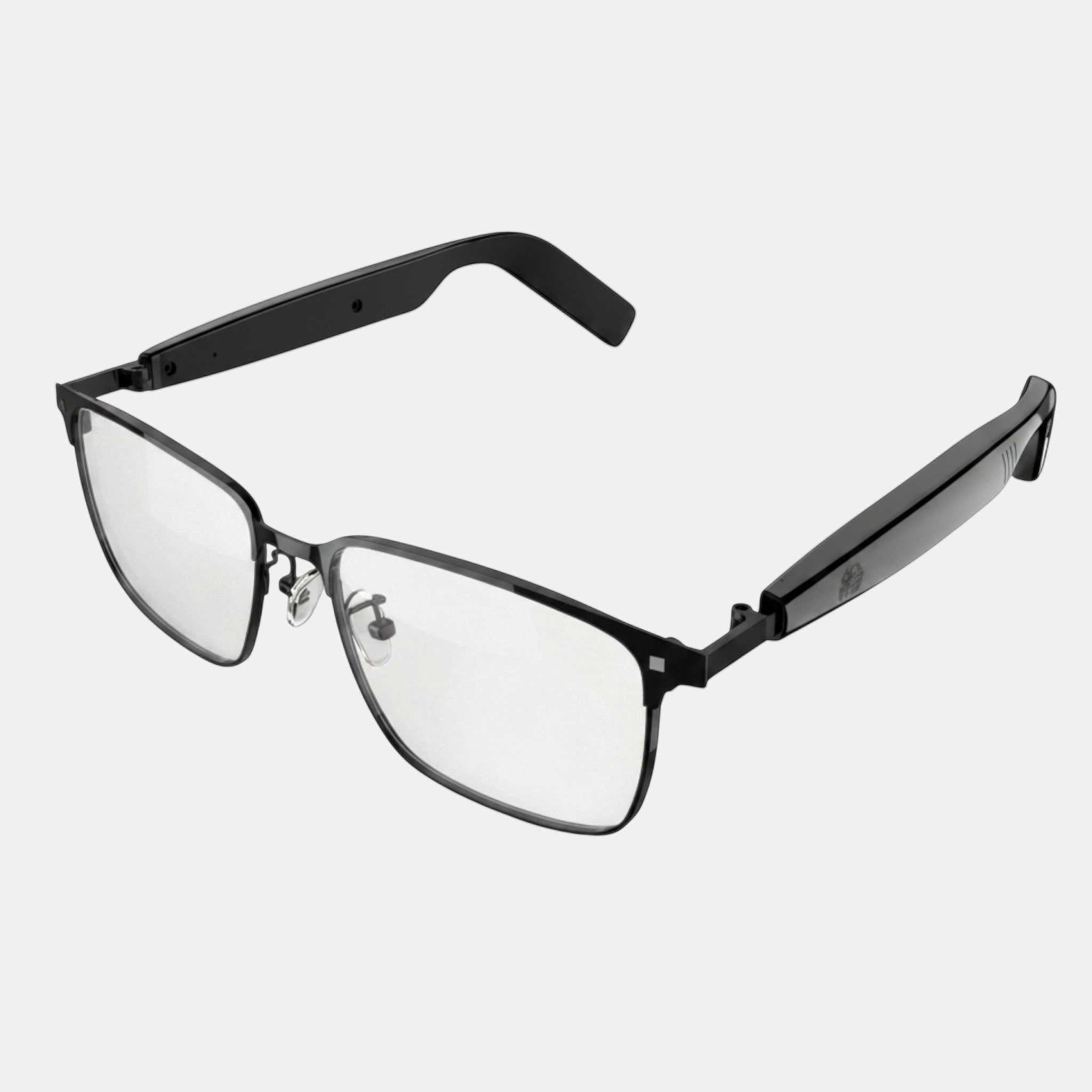 VAUCLIOR VC IRIS NANO smart glasses with silver full-rim frame and black arms, featuring clear lenses and Bluetooth 5.4.