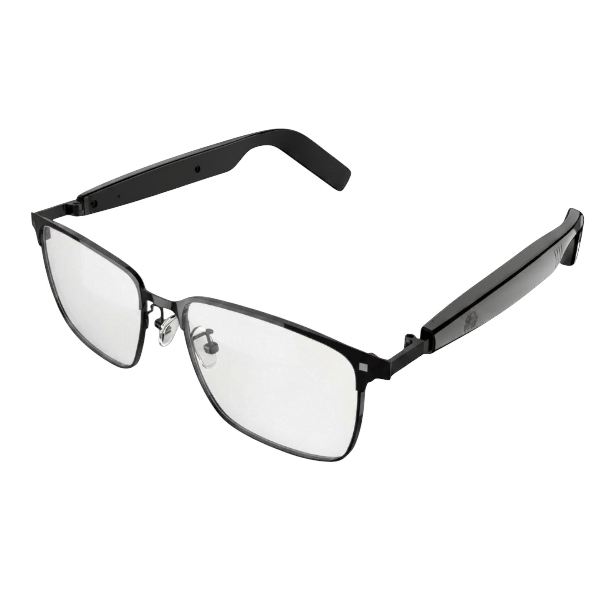 VAUCLIOR VC IRIS NANO smart glasses with silver full-rim frame and black arms, featuring clear lenses and Bluetooth 5.4.