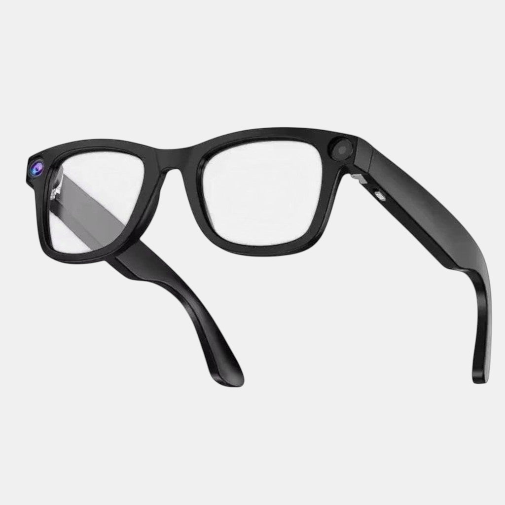 Lunettes connectées VAUCLIOR VC NEO PLUS noires en TR90 avec caméra intégrée et verres interchangeables.