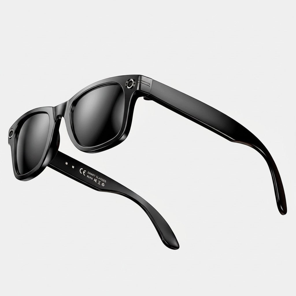 Lunettes intelligentes VAUCLIOR AXE GEN1 noires rectangulaires en TP mat avec objectif intégré.