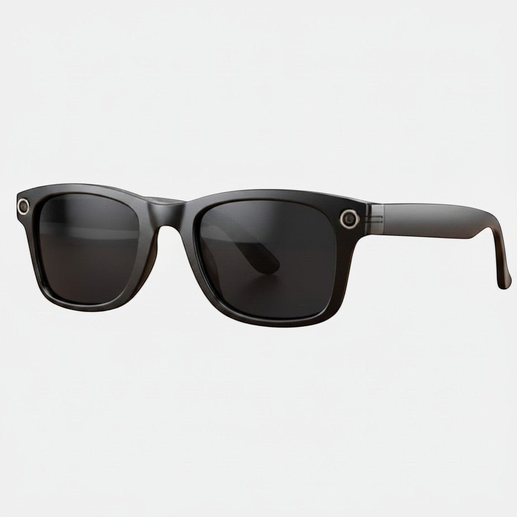 VAUCLIOR VC AXE GEN1 lunettes intelligentes noires rectangulaires en TP mat avec objectif circulaire sur la branche.