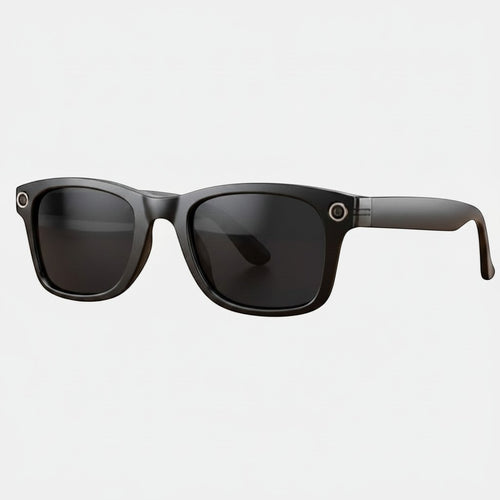 VAUCLIOR VC AXE GEN1 lunettes intelligentes noires rectangulaires en TP mat avec objectif circulaire sur la branche.