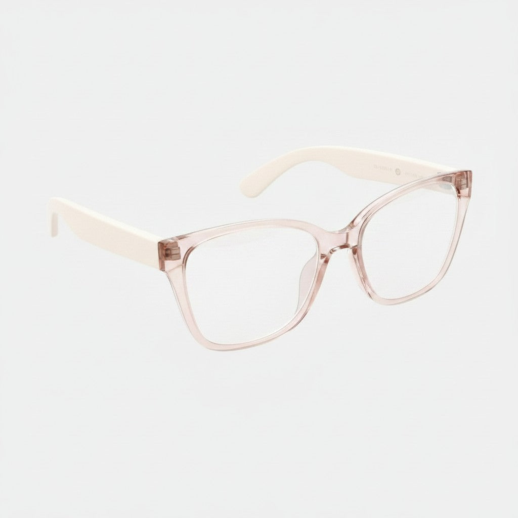 Lunettes intelligentes VAUCLIOR VC CLÉO roses translucides avec verres argentés réfléchissants et branches blanches.