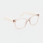 Lunettes intelligentes VAUCLIOR VC CLÉO roses translucides avec verres argentés réfléchissants et branches blanches.