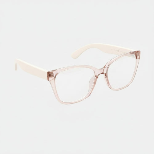 Lunettes intelligentes VAUCLIOR VC CLÉO roses translucides avec verres argentés réfléchissants et branches blanches.
