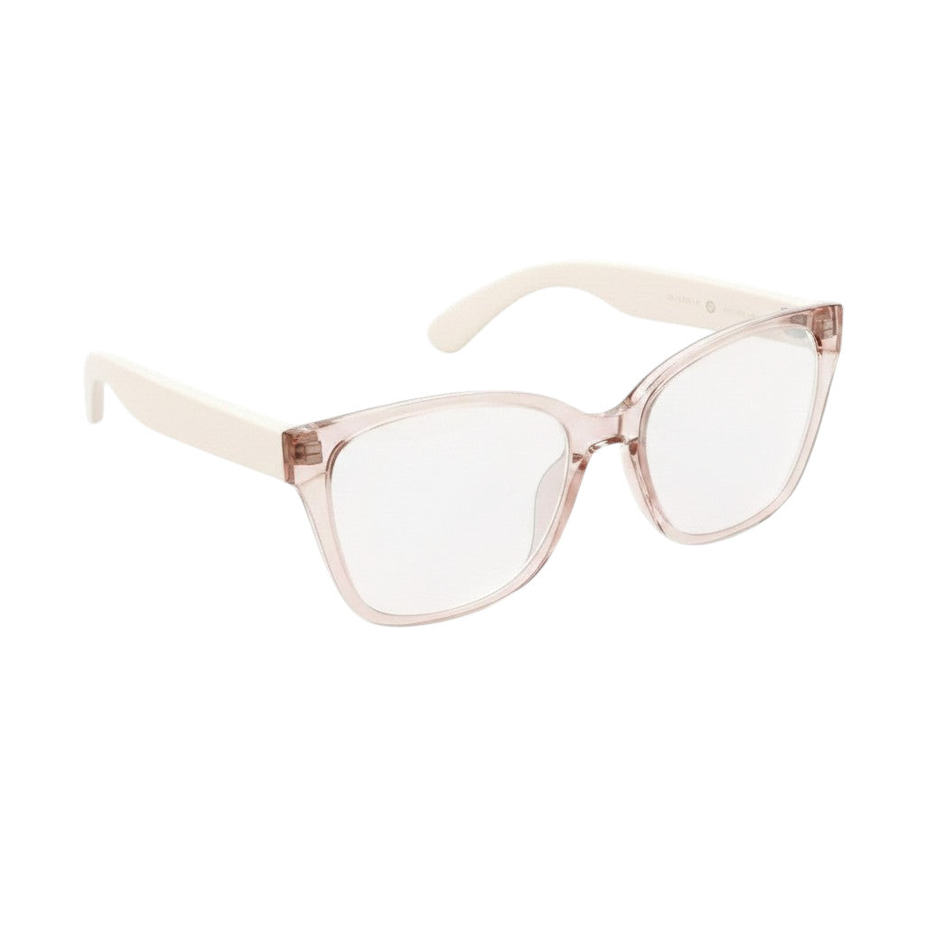 Lunettes intelligentes VAUCLIOR VC CLÉO roses translucides avec verres argentés réfléchissants et branches blanches.