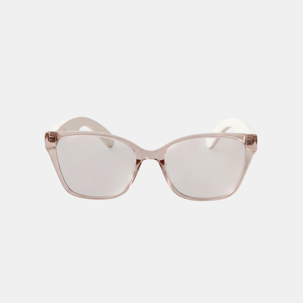 VAUCLIOR VC CLÉO smart glasses with clear pink cat-eye frames and white temples, featuring integrated technology for calls and music.