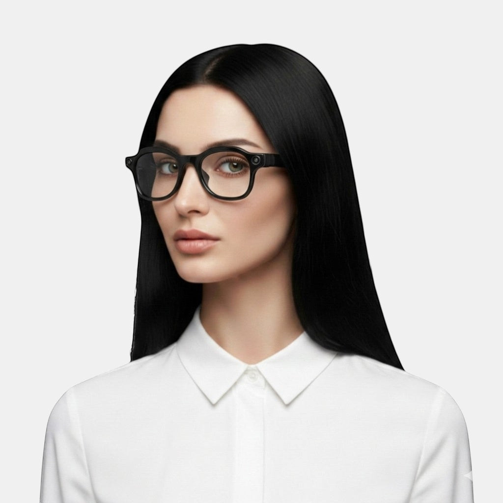 VAUCLIOR PRISM PRO smart glasses with black frames and 8MP camera, worn by a woman with black hair and a white shirt.