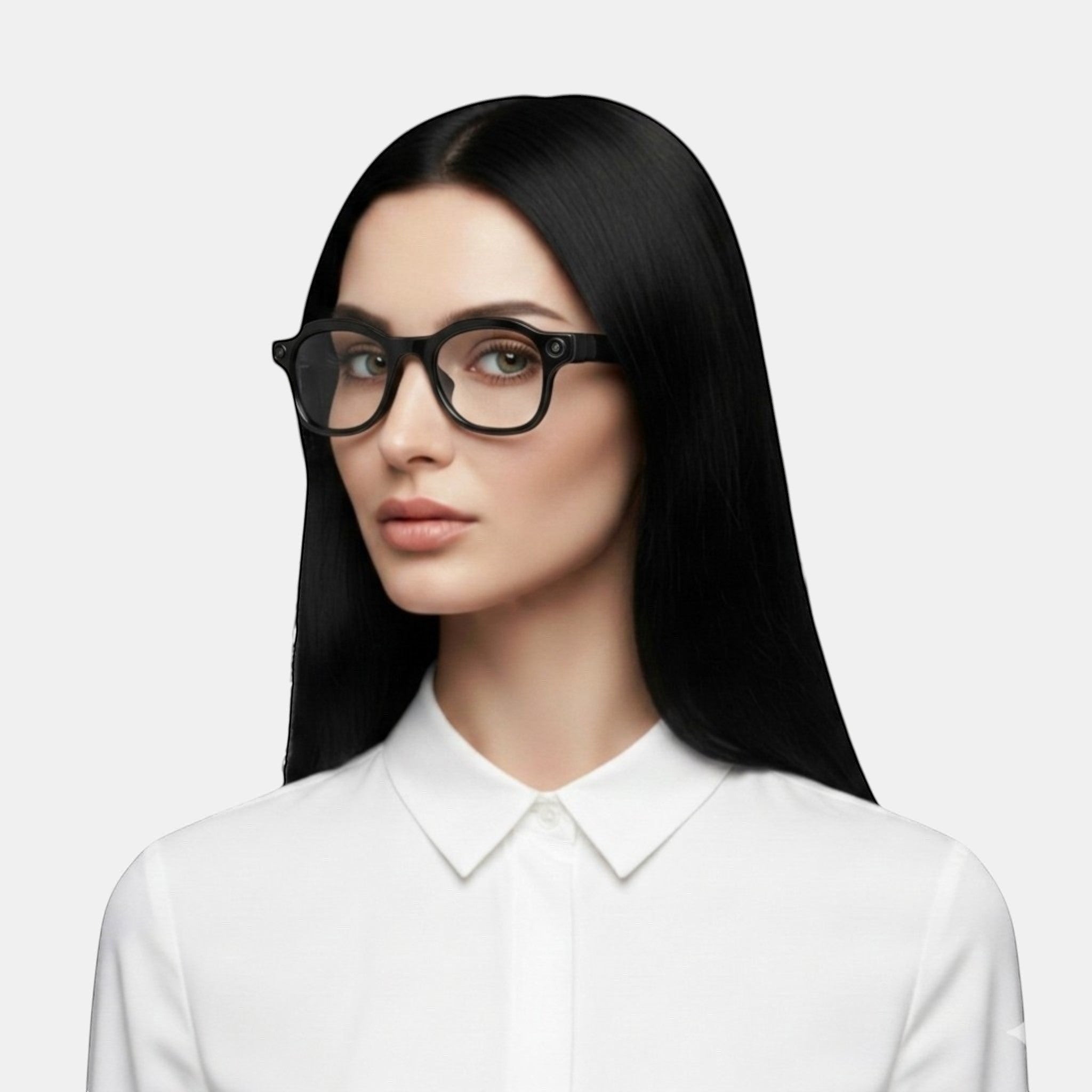 VAUCLIOR PRISM PRO smart glasses with black frames and 8MP camera, worn by a woman with black hair and a white shirt.