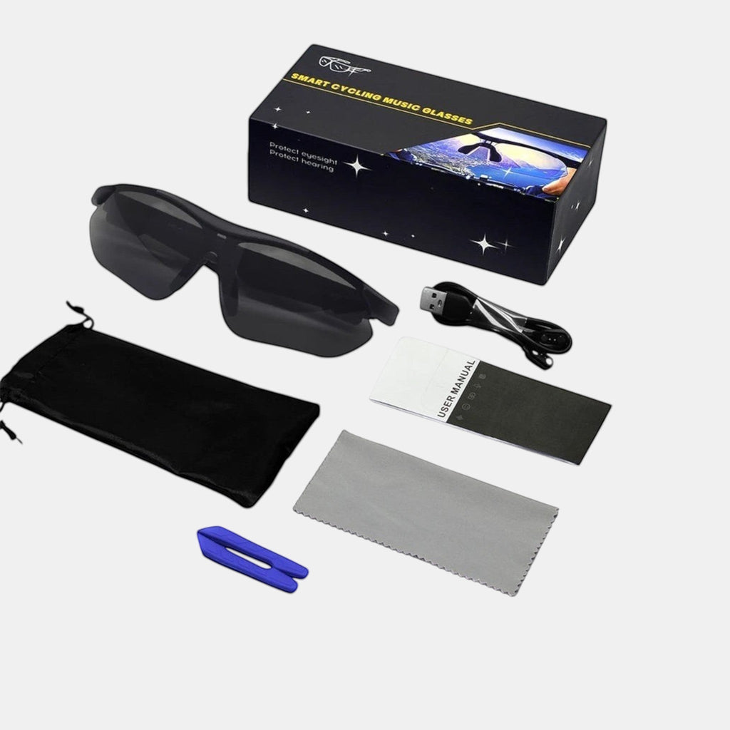 VAUCLIOR VC TITAN-SL smart cycling sunglasses with UV400 protection and Bluetooth 5.4, includes charging cable and cleaning cloth.