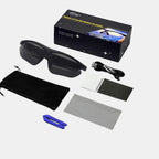 VAUCLIOR VC TITAN-SL smart cycling sunglasses with UV400 protection and Bluetooth 5.4, includes charging cable and cleaning cloth.