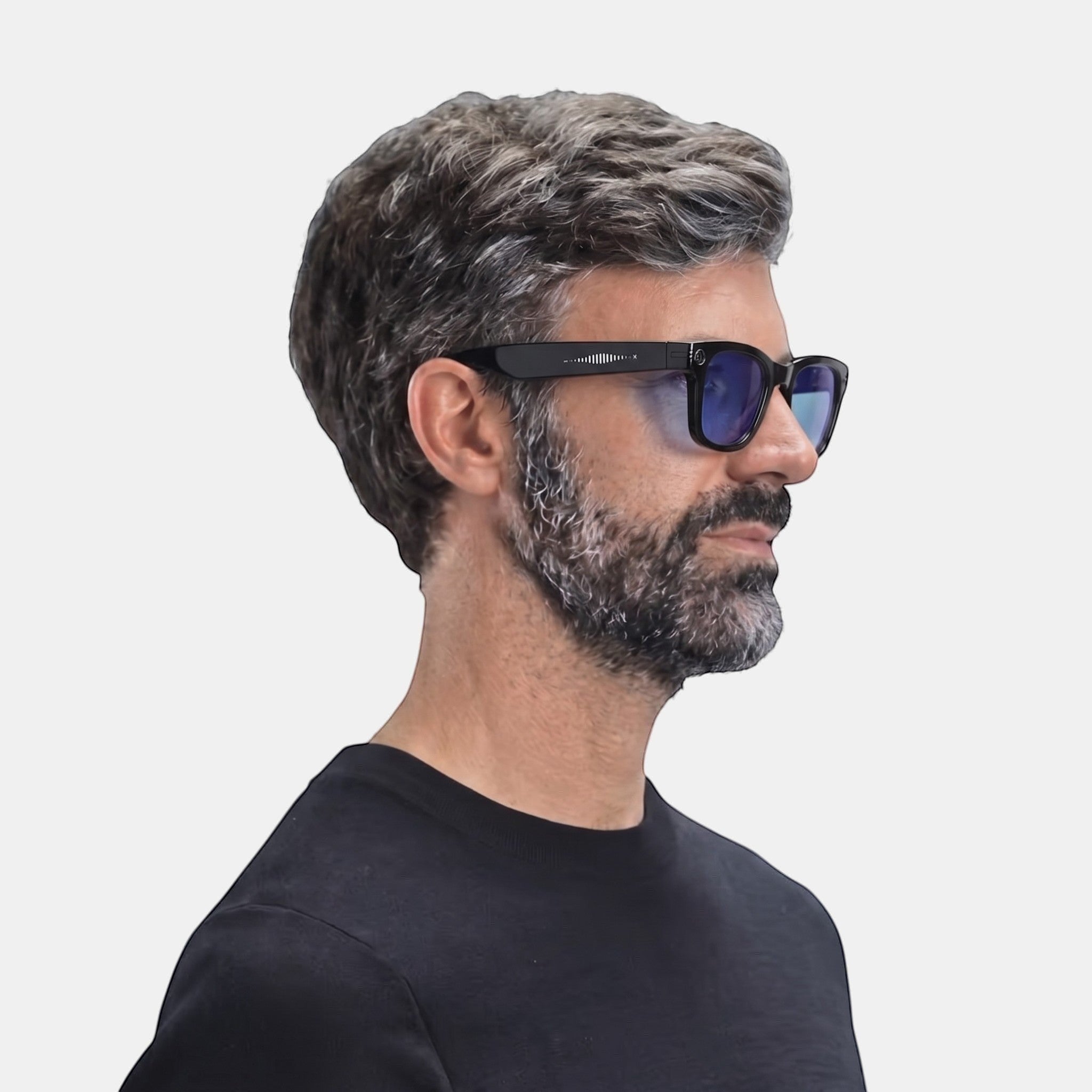 VAUCLIOR VC AXE GEN1 smart glasses with rectangular black frames and blue lenses, worn by a man.