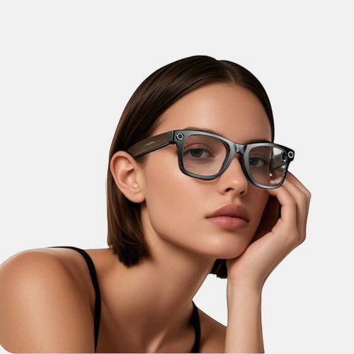 VAUCLIOR VC AXE GEN1 smart glasses with rectangular black matte frame and clear lenses, worn by a woman.