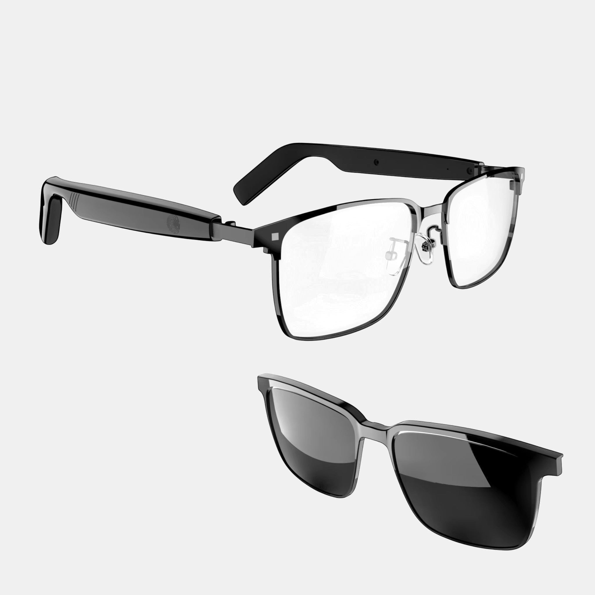 VAUCLIOR VC IRIS NANO smart glasses with clear lenses and black full-rim frames, and separate black sunglasses.
