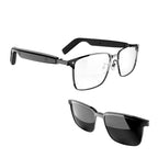 VAUCLIOR VC IRIS NANO smart glasses with clear lenses and black full-rim frames, and separate black sunglasses.