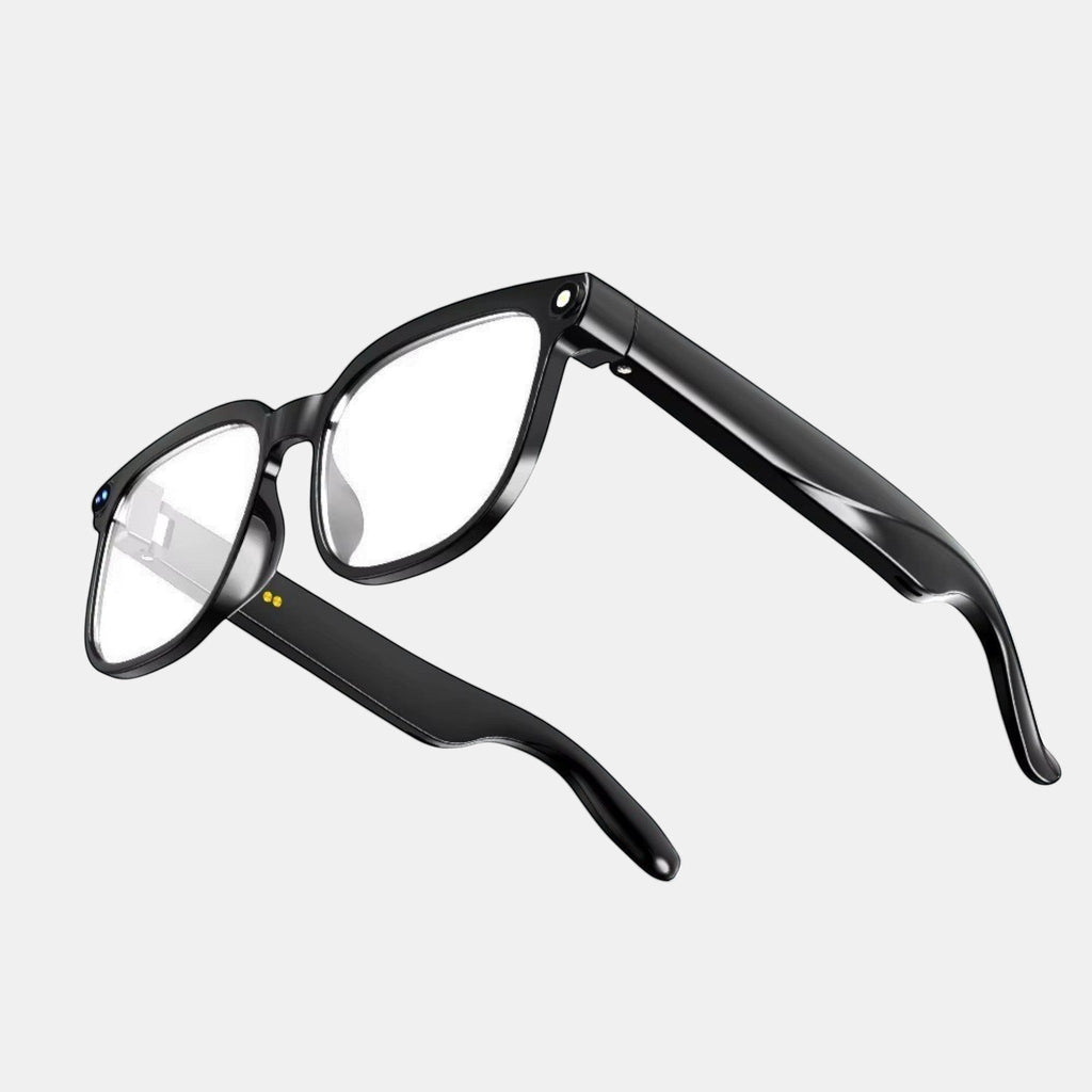 VAUCLIOR VC EVEN LENS smart glasses with rectangular frames, built-in HD camera, AI voice, translation, and music call features.