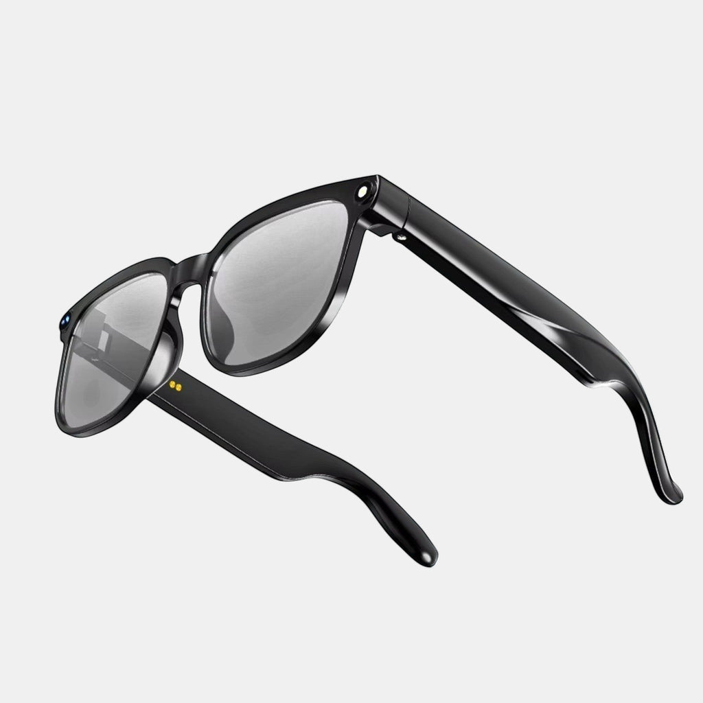 VAUCLIOR VC EVEN LENS smart glasses with rectangular frames, built-in HD camera, AI voice, translation, and music call features.