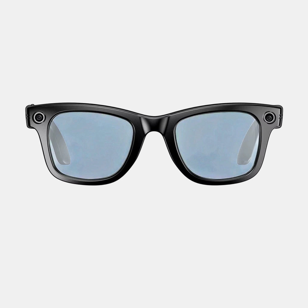 VAUCLIOR VC AXE GEN1 black rectangular smart glasses with integrated cameras and light blue lenses.