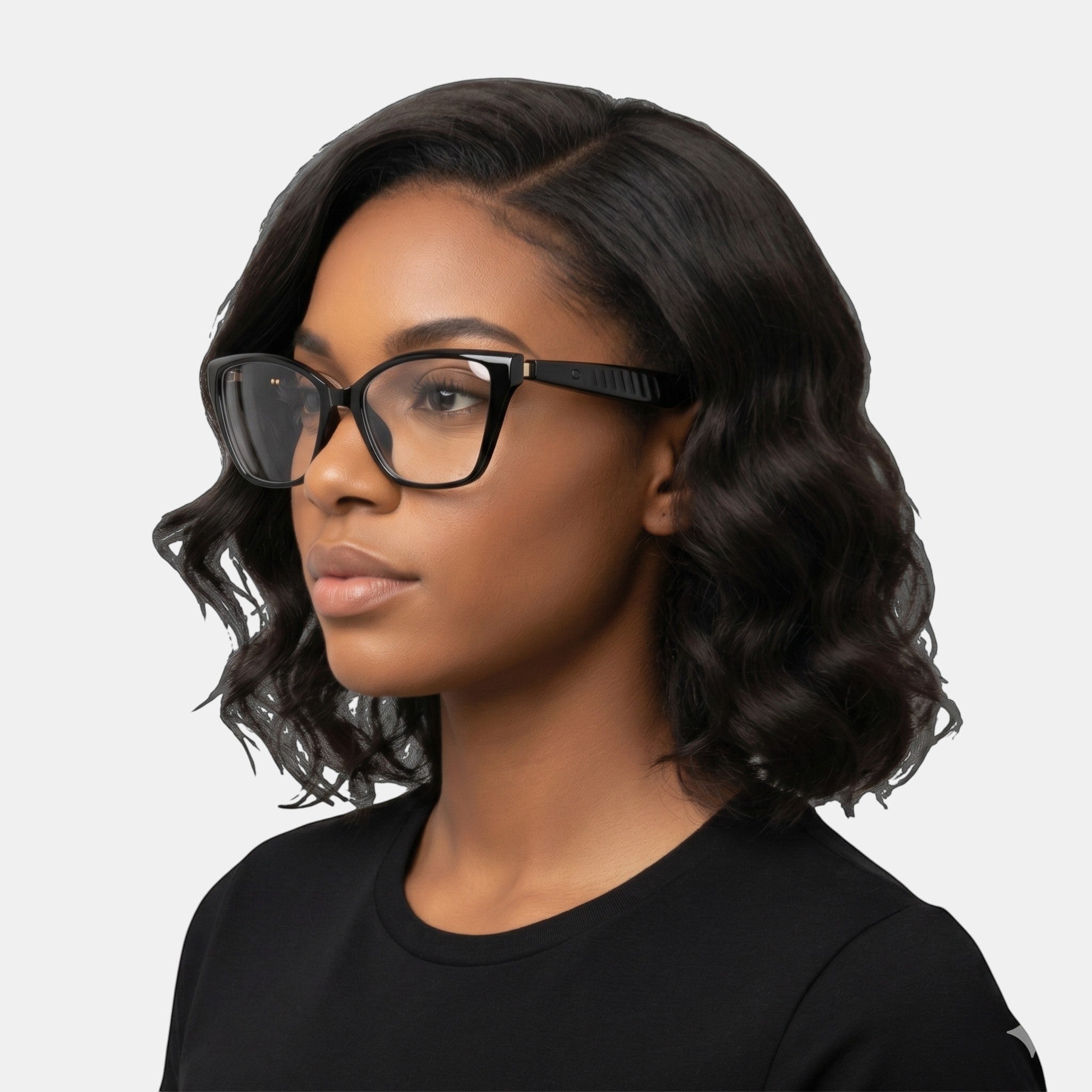 VAUCLIOR VC CLÉO black smart glasses with a modern square frame worn by a woman with dark wavy hair.