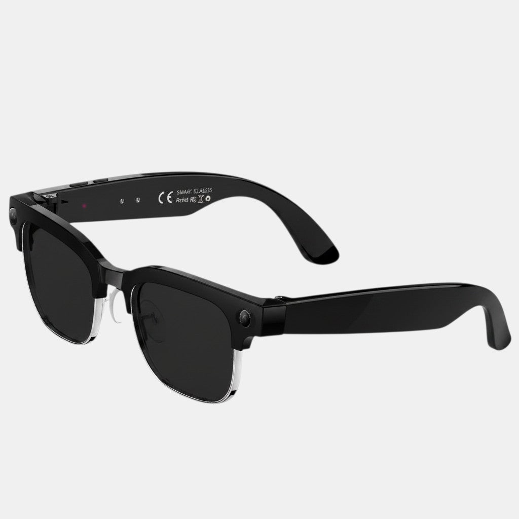 VAUCLIOR VC CORE black smart glasses with 8MP Sony camera and AI integration, 4K video, real-time translation, and stereo sound.