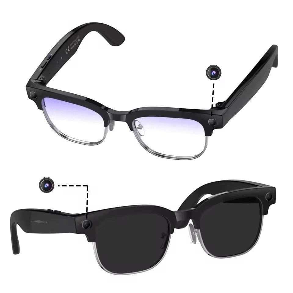 VAUCLIOR VC CORE smart glasses with 8MP camera, black frame, half-rimmed design, and blue light filtering lenses.
