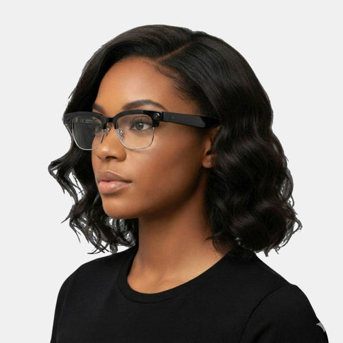 VAUCLIOR VC CORE smart glasses with black frames and clear lenses, featuring a half-rim design and integrated camera.