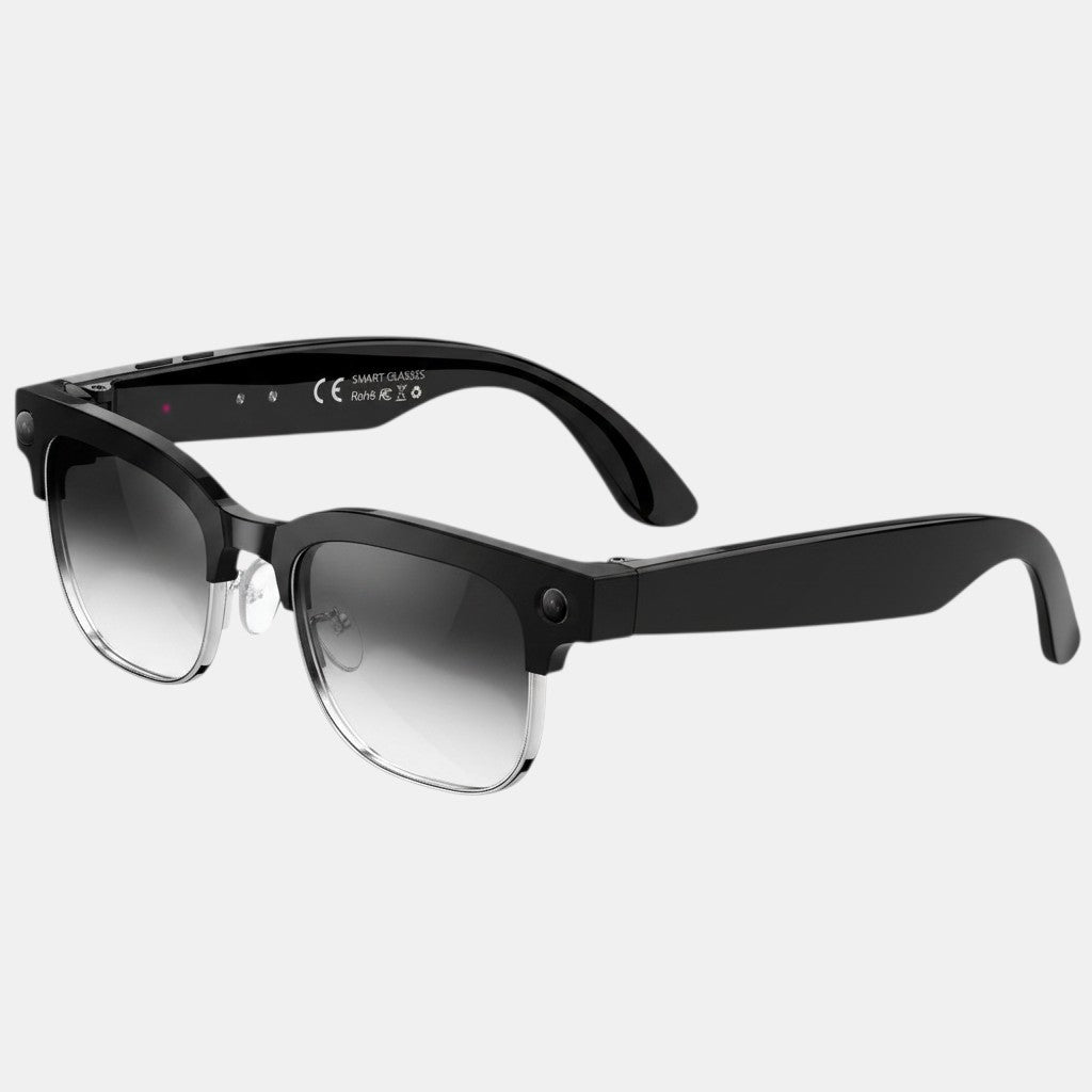 VAUCLIOR VC CORE black smart glasses with gradient lenses and silver accents. Features 8MP camera and AI integration.