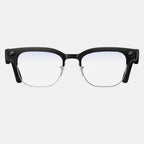 VAUCLIOR VC CORE smart glasses with black frames, silver accents, and blue-tinted lenses. Features a camera on the side.