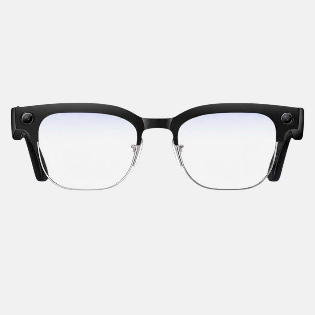 VAUCLIOR VC CORE smart glasses with black frames, silver accents, and blue-tinted lenses. Features a camera on the side.