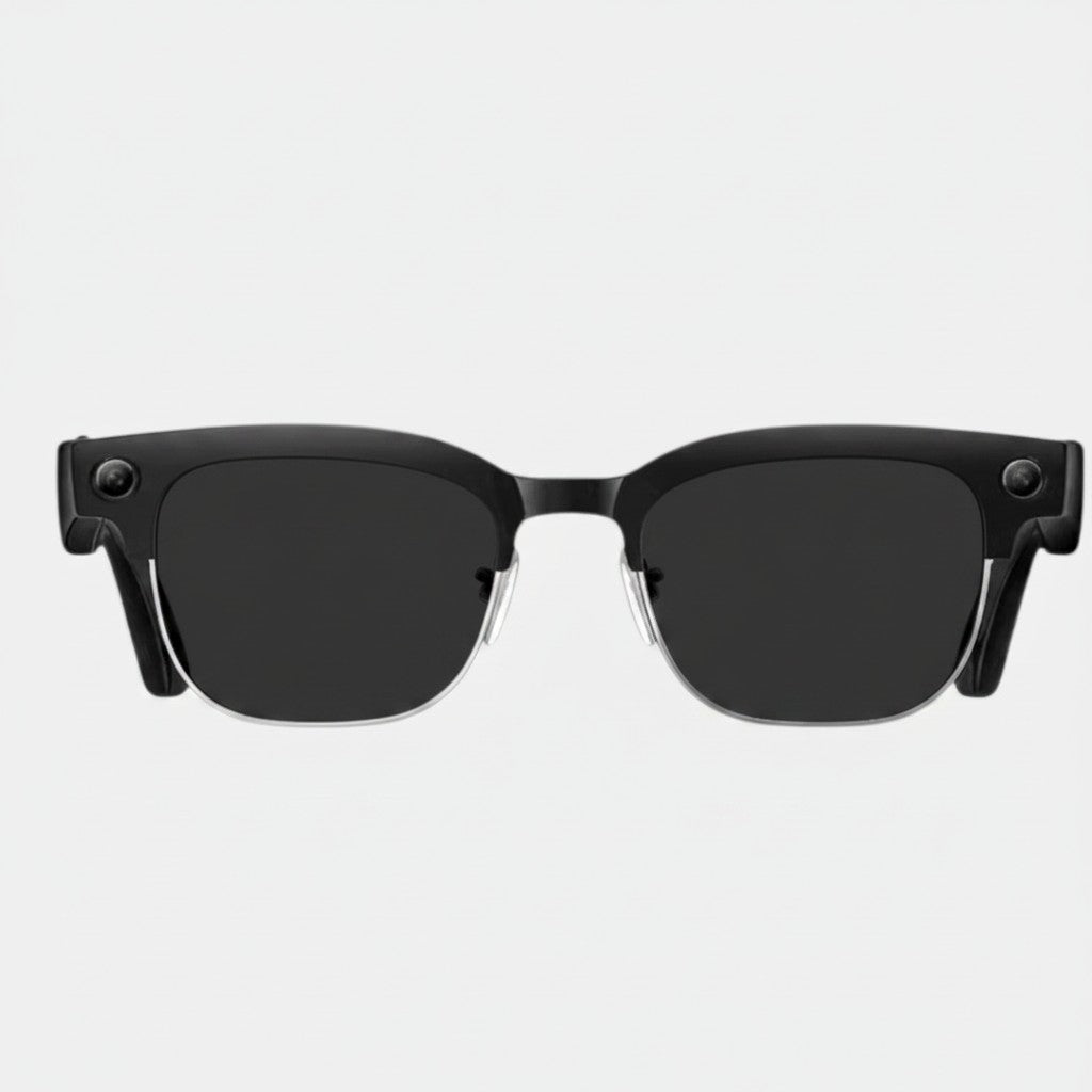 VAUCLIOR VC CORE smart glasses with black frames, silver accents, and integrated camera. Half-rim design.