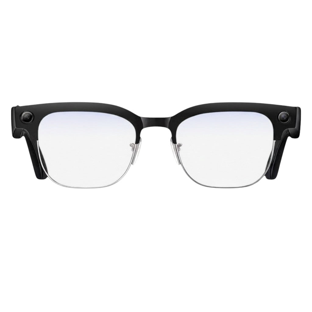 VAUCLIOR VC CORE smart glasses with black frames, silver accents, and blue-tinted lenses. Features a camera on the side.