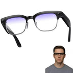 VAUCLIOR VC CORE smart glasses with black frames, silver accents, and blue-tinted lenses. Features a camera and AI integration.