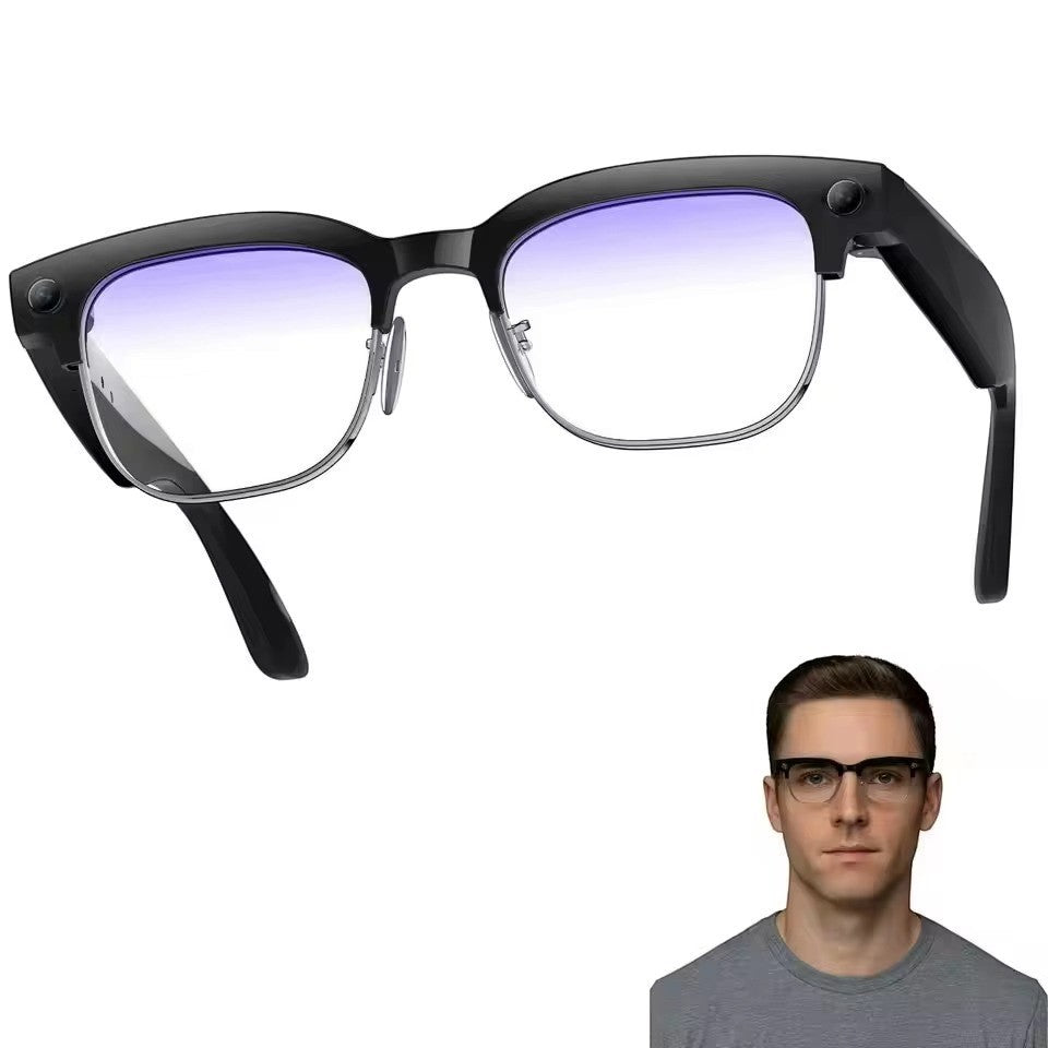 VAUCLIOR VC CORE smart glasses with black frames, silver accents, and blue-tinted lenses. Features a camera and AI integration.