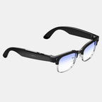VAUCLIOR VC CORE smart glasses with black frames, silver accents, and blue-tinted lenses. Features integrated camera and speakers.