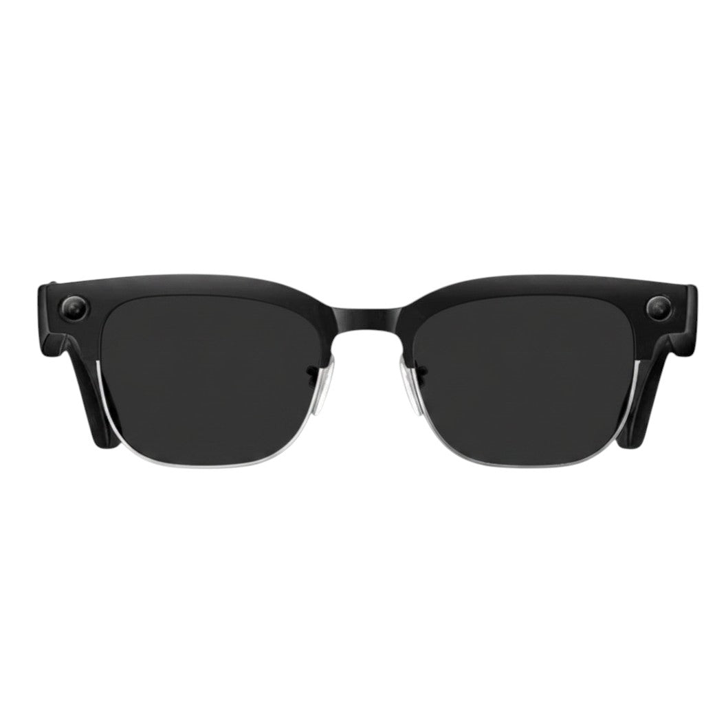 VAUCLIOR VC CORE smart glasses with black frames, silver accents, and integrated camera. Half-rim design.