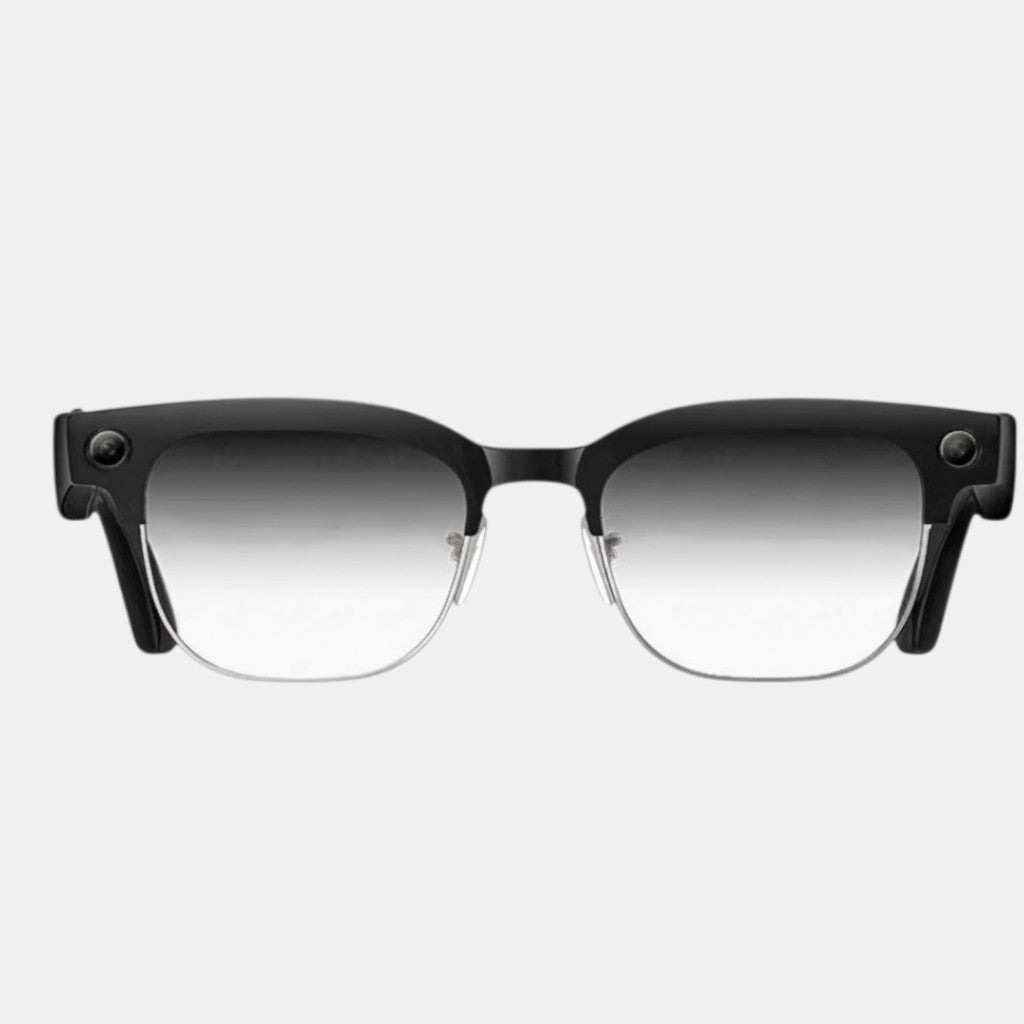 VAUCLIOR VC CORE smart glasses with black frames, silver accents, and gradient lenses. Features 8MP camera.