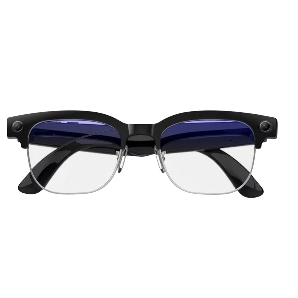VAUCLIOR VC CORE smart glasses with black frames, silver accents, and blue-tinted lenses. Features integrated camera and indicator light.