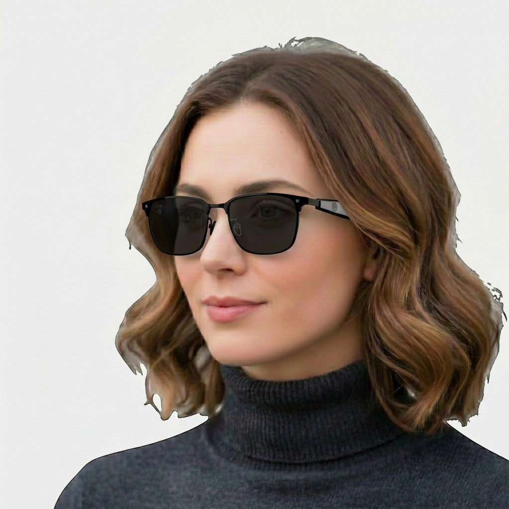 VAUCLIOR VC IRIS NANO silver full-frame smart audio glasses with dark lenses, worn by a woman.