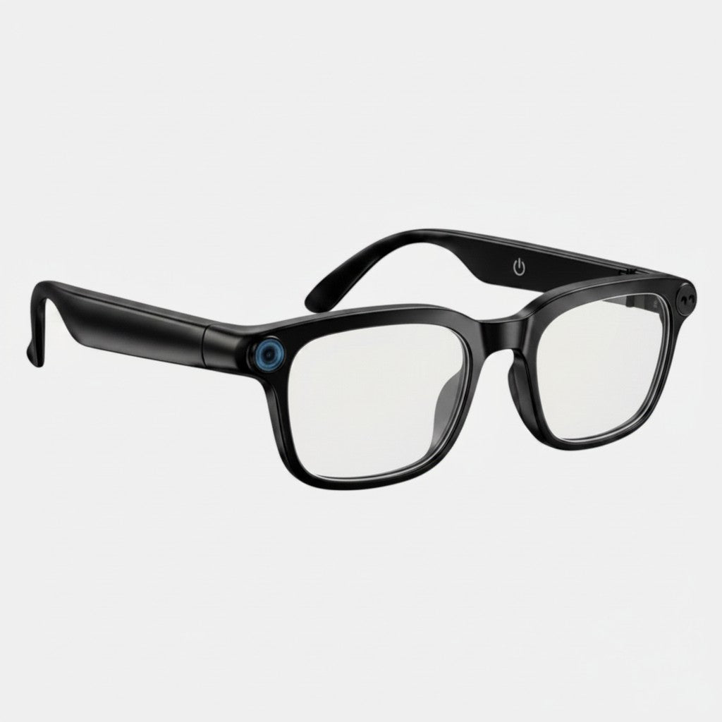 VAUCLIOR VC NOVA G1 black smart glasses with dual cameras and integrated Bluetooth headphones.
