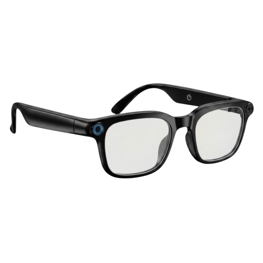 VAUCLIOR VC NOVA G1 black smart glasses with dual cameras and integrated Bluetooth headphones.