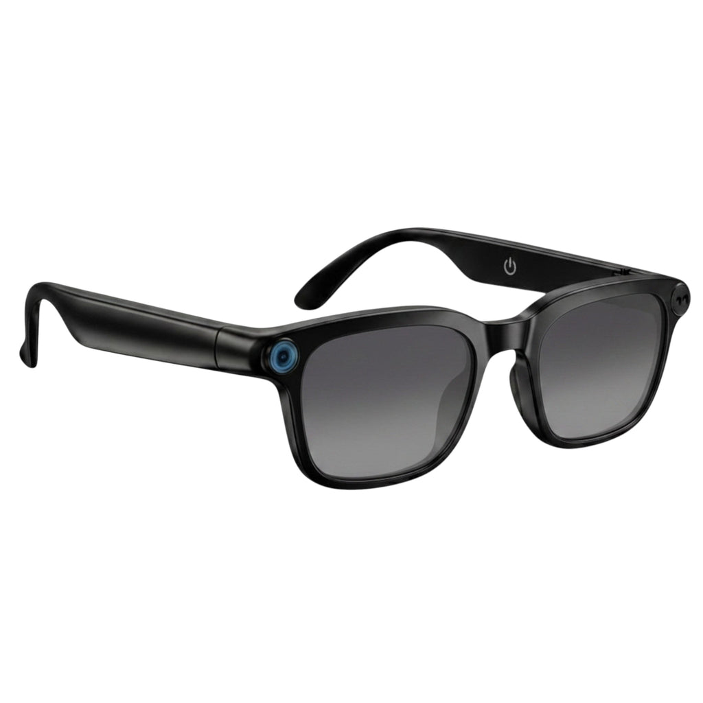 VAUCLIOR VC NOVA G1 black smart glasses with dual cameras and integrated Bluetooth headphones.