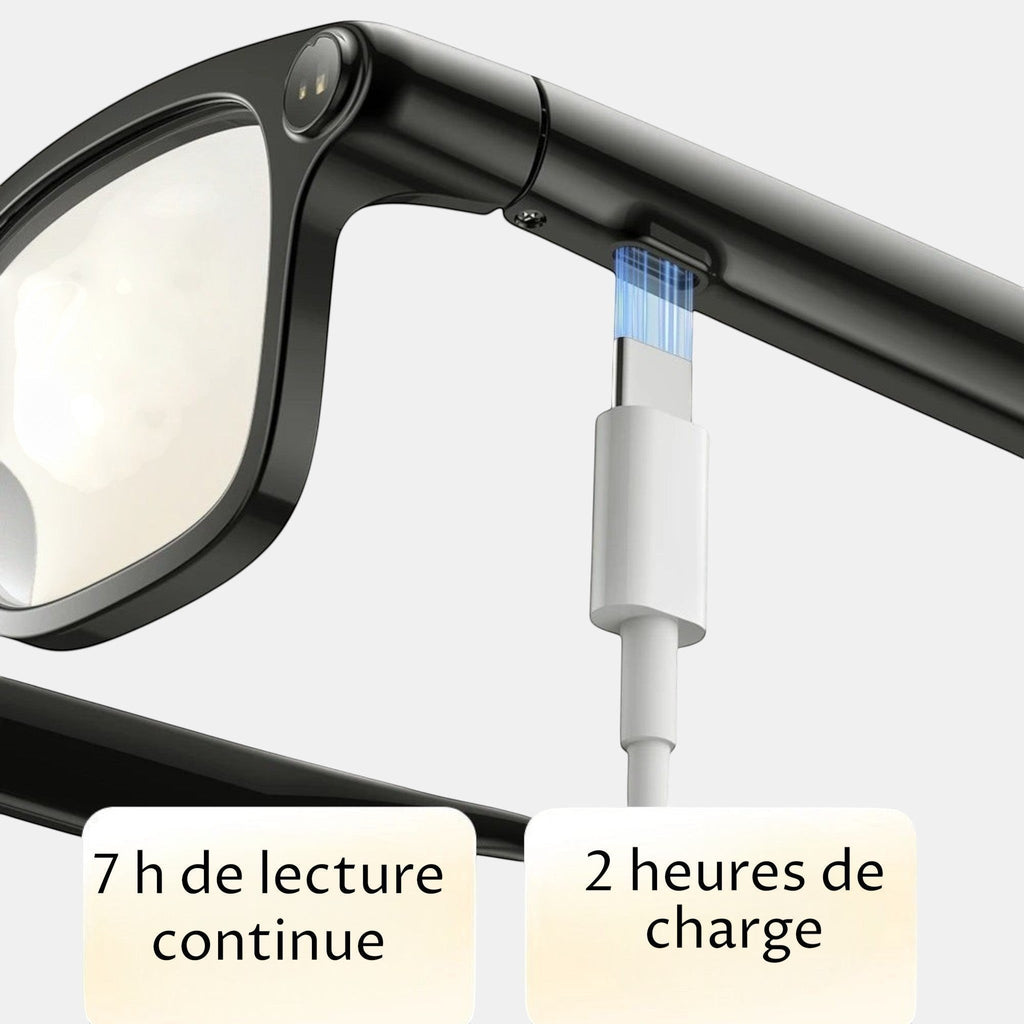 VAUCLIOR VC NOVA G1 black smart glasses with charging cable connected, offering 7 hours playback and 2 hours charging.